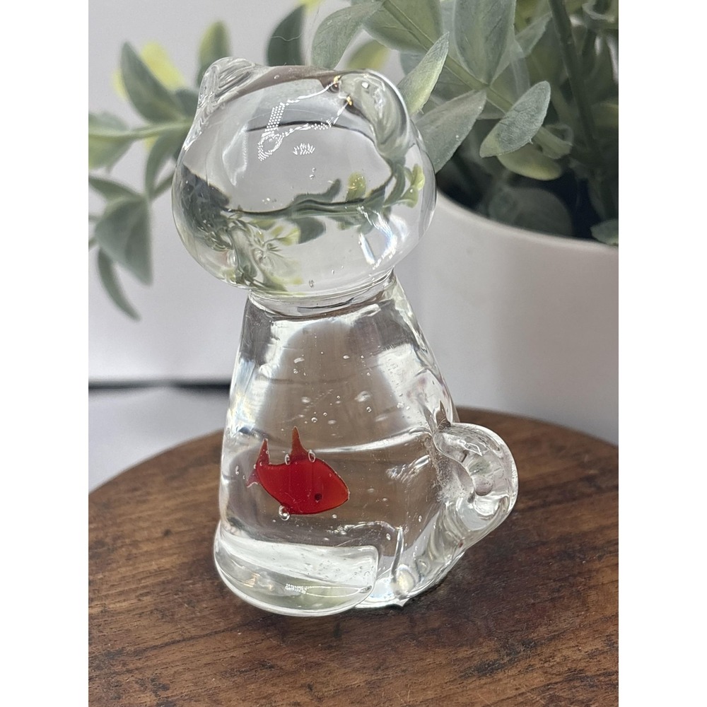 Glass Cat Figurine Clear Red Fish Inside Small Art Paperweight Animal Decor
